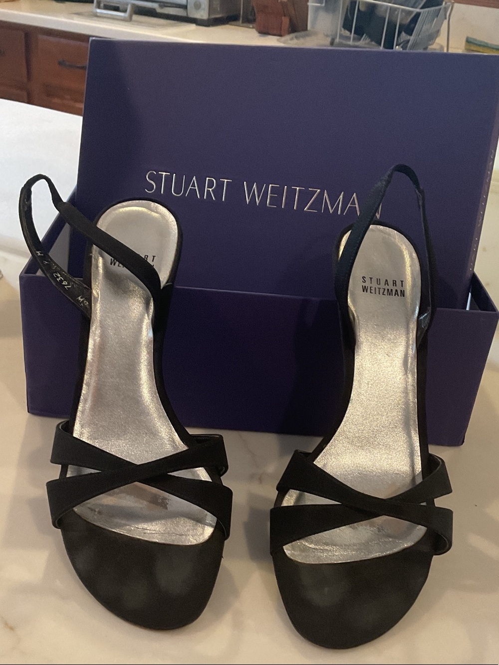 Stuart Weitzman Black Strappy Slingback Sandals with Silver Footbed